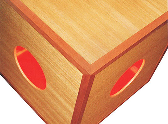 image of benovento designed timber light box side table, oak timber sides, rimu timber frame with a red interior